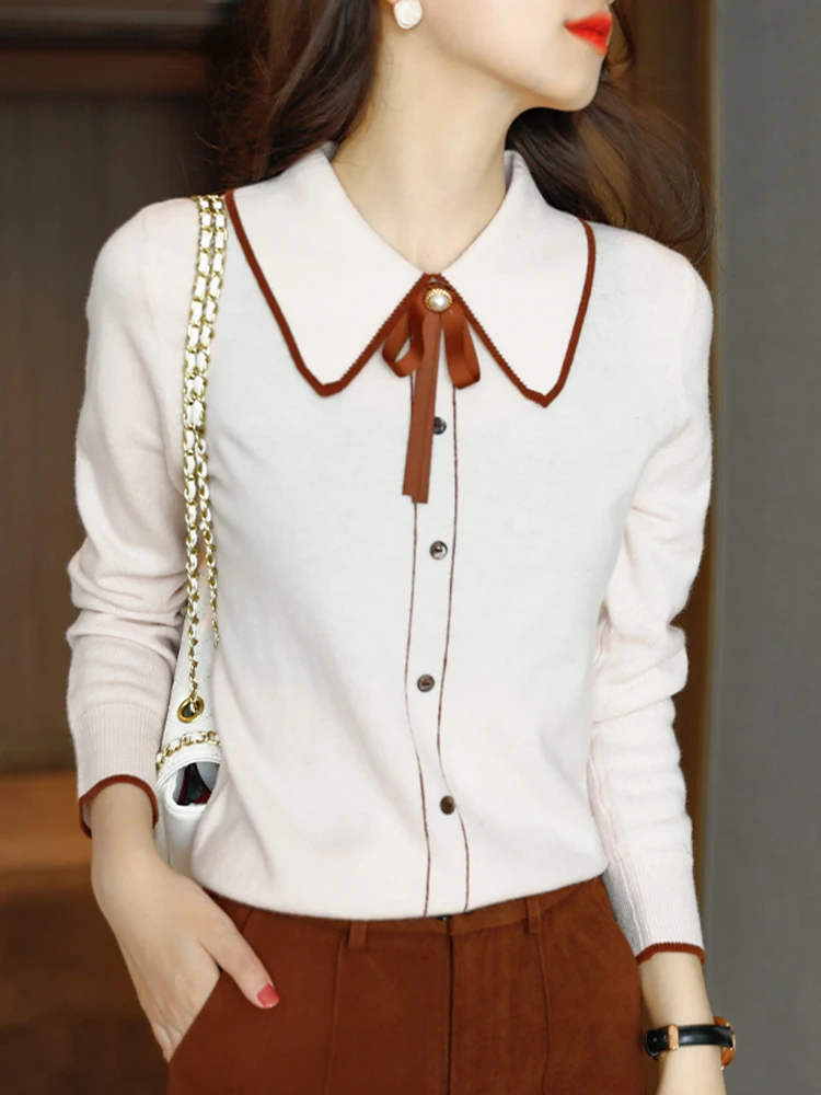 

Jersey Mujer Turn-down Collar Sweaters For Women Pullover Long Sleeve Top 2022 Autumn Winter Womens Clothes Bow Ladies Knit Tops
