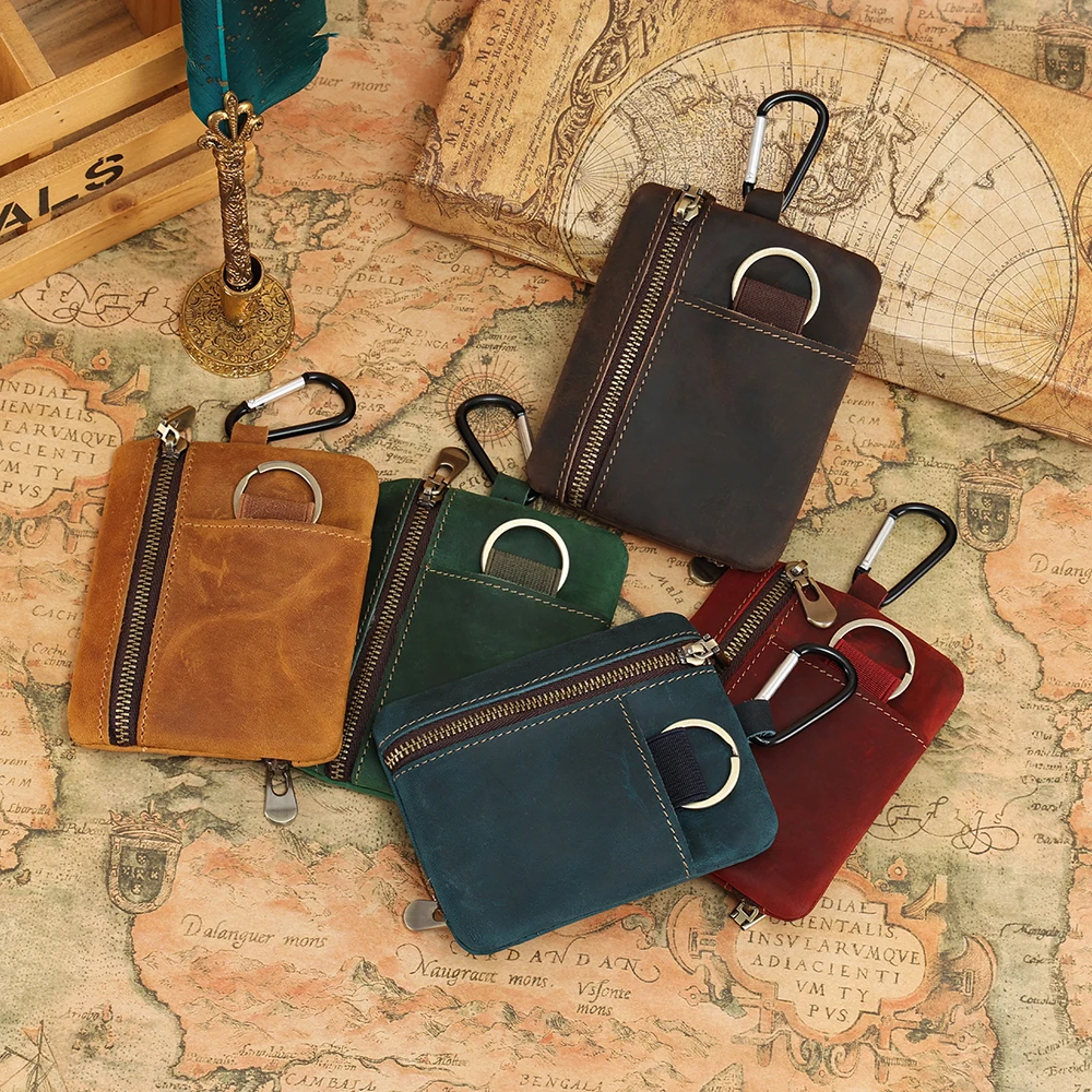 Vintage Crazy Horse Leather Coin Purse With Keychain Men Women Mini Short Wallet Card Holder Change Purse Storage Bag