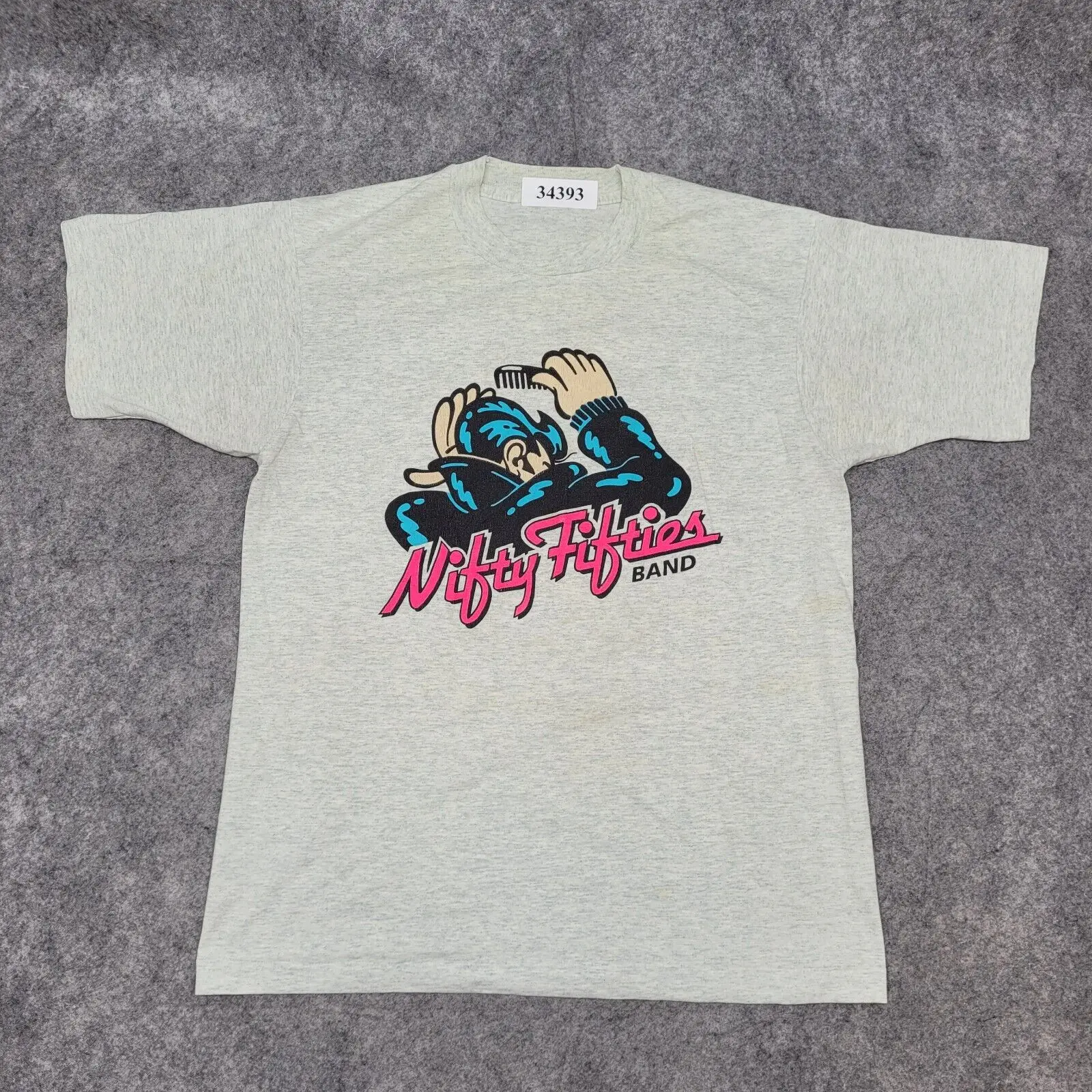 Camicia Retrò Vintage Anni '80 Nifty-Fifty Band Medium Grey Pink Spellout Music Tee Maniche Lunghe