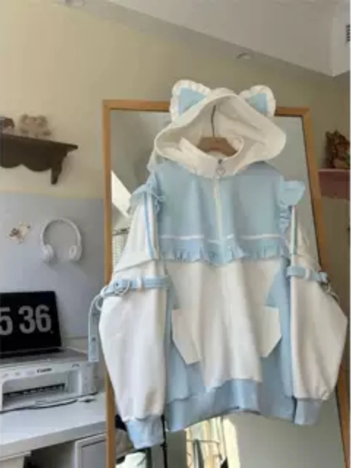 Spring Autumn Thin Fce Subculture Virtual Human Color Blo Long Sve Hoodie Women's Lace Hem Coat Sweet Japanese Sle