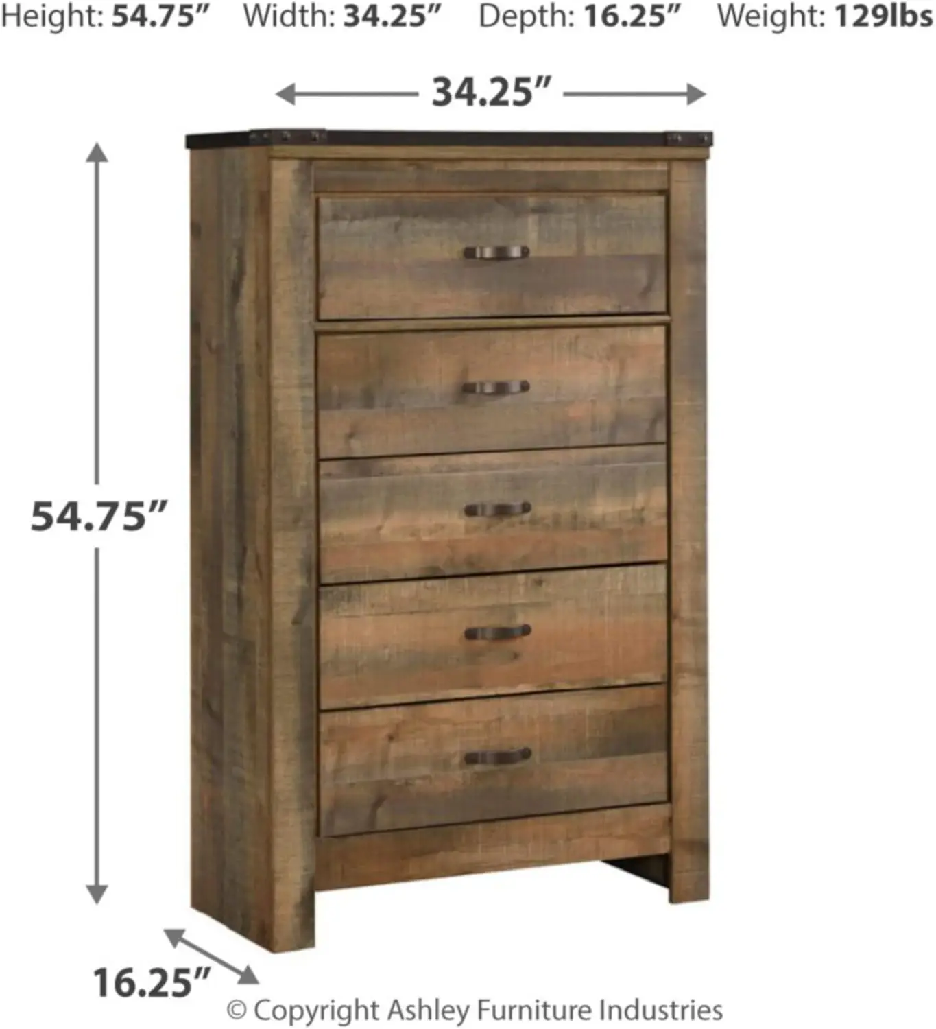Trinell Rustic 5 Drawer Chest of Drawers with Nailhead Trim, Warm Brown 3