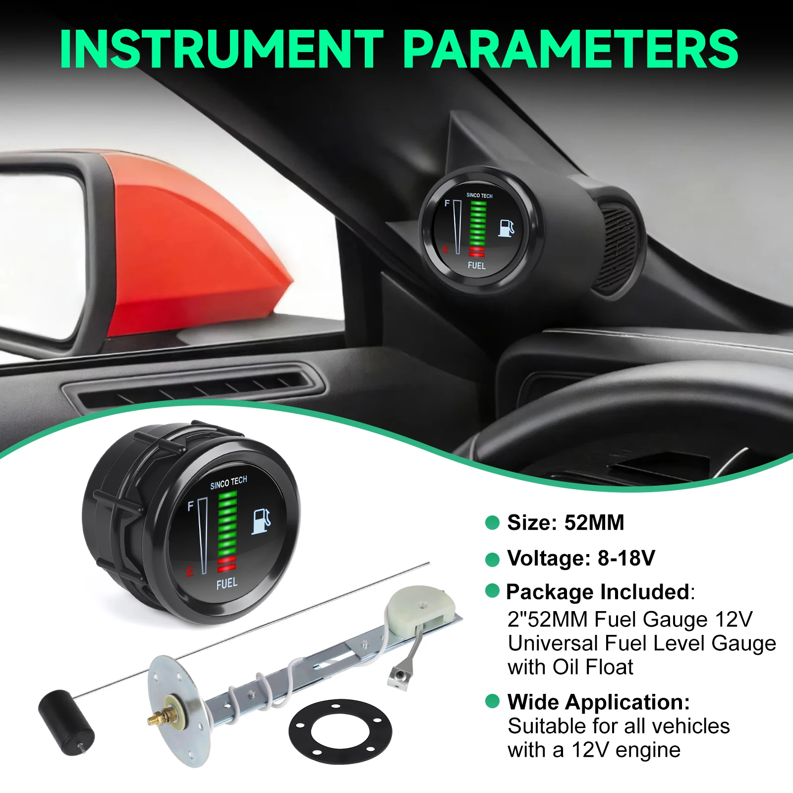 12V Automotive Motorrad Kraftstoffanzeige Elektronische LED-Anzeige Kraftstoffstand Moto Meter Autoanzeige 2" 52mm Schwarz mit Kraftstoffstandsensor – Detail 2