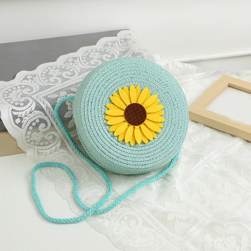 Minimalist Sunflower Decor Straw Bag Round Crossbody Purse Women Shoulder Vocation Holiday Handbag