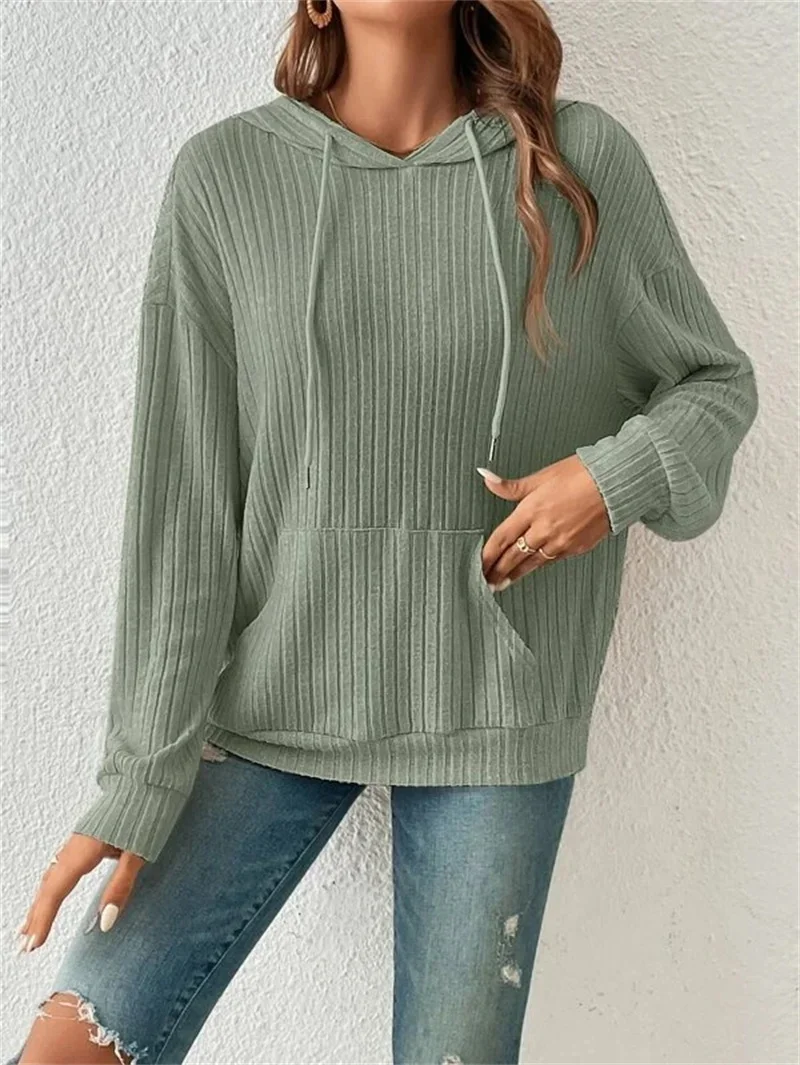 Solid Color Pit Stripe Splicing Kangaroo Pocket Hoodie Women Autumn Winter Casual Long Sleeve Hooded Sweatshirt Female Outerwear