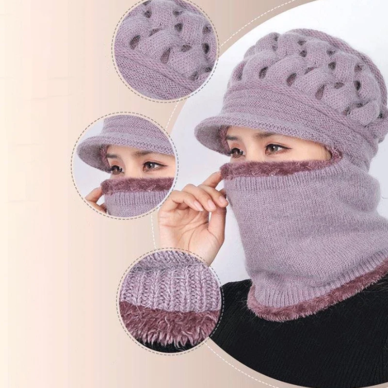 

Winter Hat Beanies Women's Hat Scarf Warm Breathable Wool Knitted Hat For Women Double Layers Protection Caps