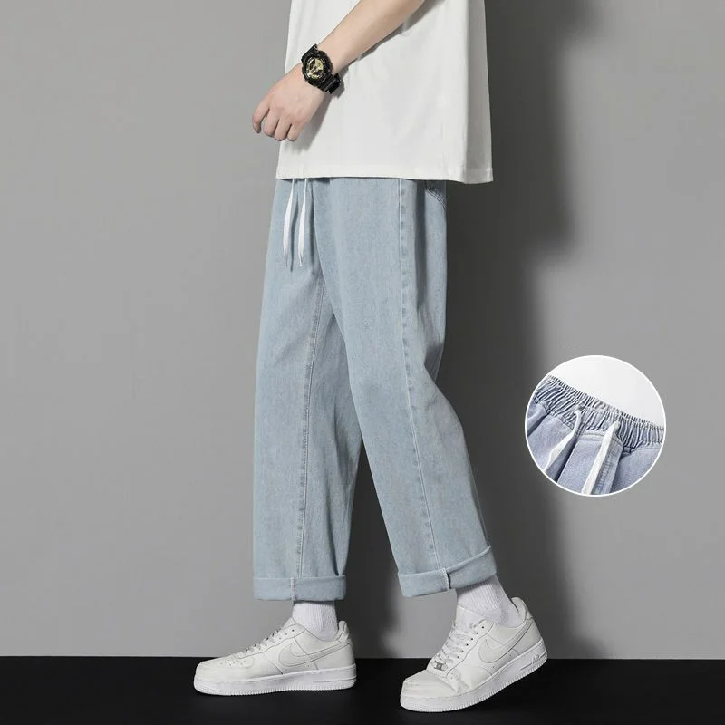 Spring New Fashion Trend Versatile Loose Straight Jeans Men's Solid Elastic Waist Drawstring Pocket Casual Wide Leg Casual Pants