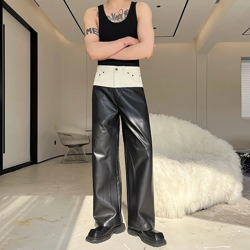 Wide Leg Pants IEFB Designer Denim Matching PU Leather Color Contrast Straight Pants Male Trousers High Street 9A7434