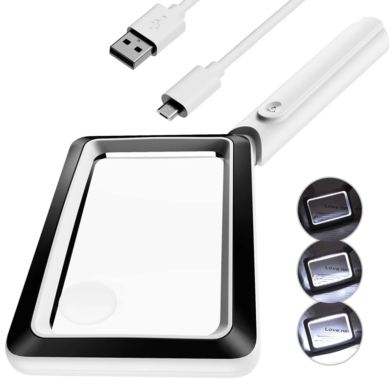 

4X Rechargeable Magnifying Glass With Light 20Leds, Handheld Rectangular Page Lighted Magnifier, 3 Brightness Modes