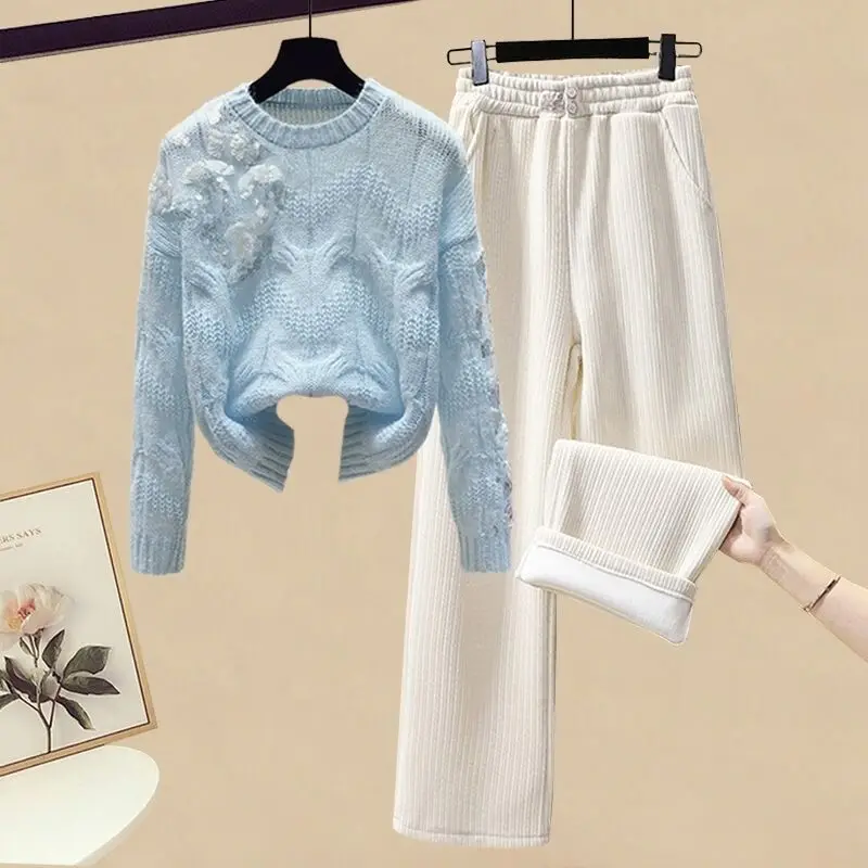 Kpop Winter New Plush Thickened Wide Leg Pants Sequin Decoration Knitted Sweater Pullover Two-piece Elegant Women\'s Pants Set