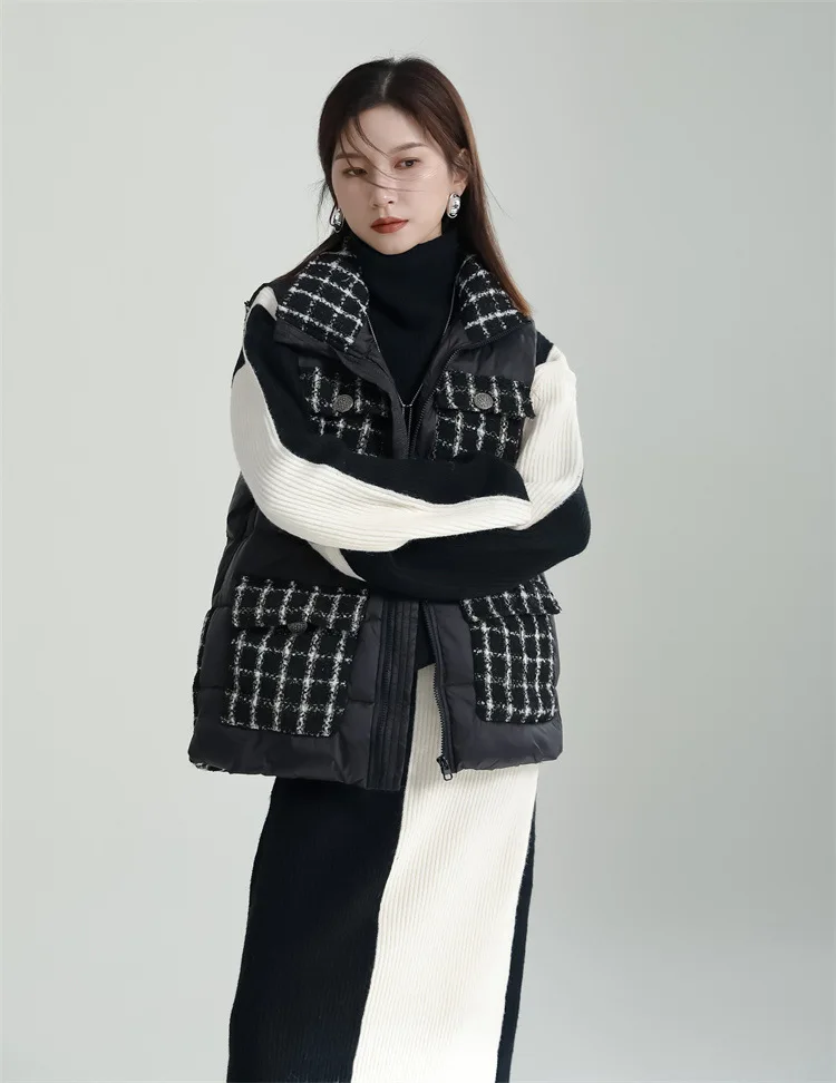 Down Vest Coat Women White Duck Outerwear Autumn Winter Square Contrast Stitching Patch Checkered Pocket Jacket Black Waistcoat