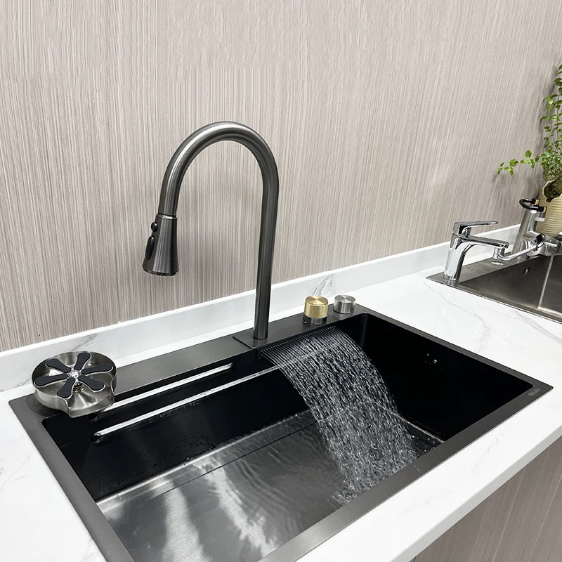 30 inch Single Bowl Trends Metal Grey Stainless Steel Kitchen Sink With Rainfall Faucet & Pull Lefton