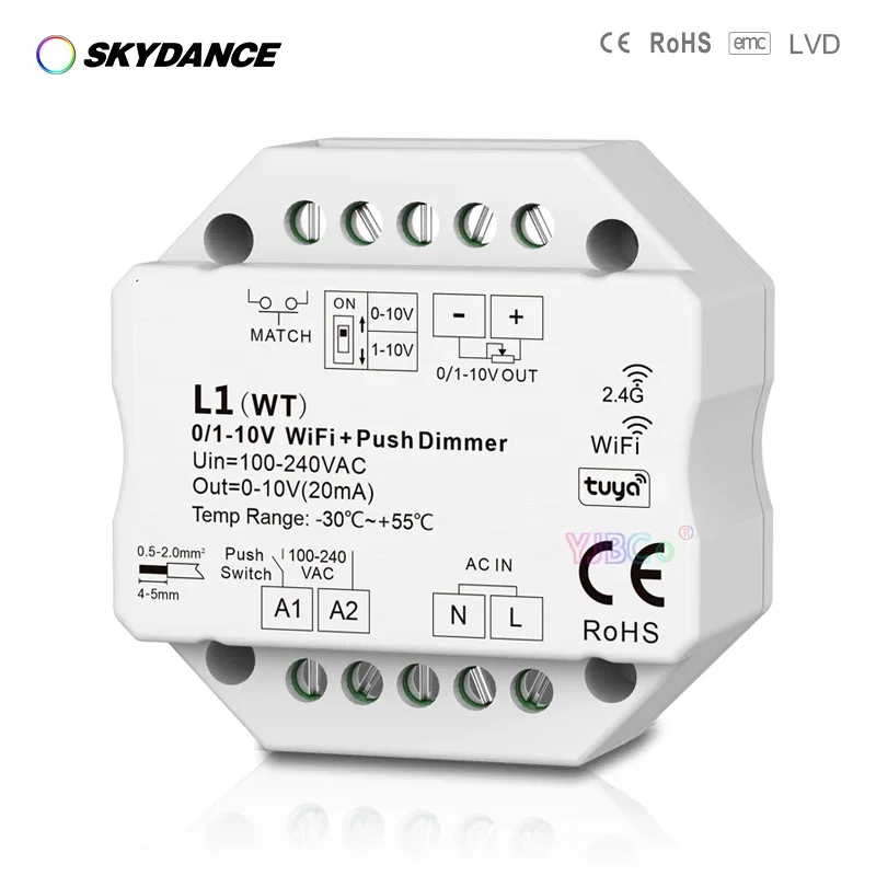 Skydance AC 110V 220V 1CH 0/1-10V WiFi RF Push Dimmer Tuya APP Cloud on/off Controller DIP Switch For Single Color Strip Lights skydance 110v 220v 2ch single color led strip lights 0 10v dali dimmer dv high voltage ac input 2 channel 1 10v led controller