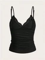 Sexy Contrast Lace Bow Front Crop Cami Top Women 2025 Summer Grunge Punk Y2K Clothes Ruched Skinny Backless Tee Shirt - Image 2