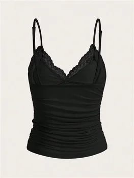 Sexy Contrast Lace Bow Front Crop Cami Top Women 2025 Summer Grunge Punk Y2K Clothes Ruched Skinny Backless Tee Shirt 2