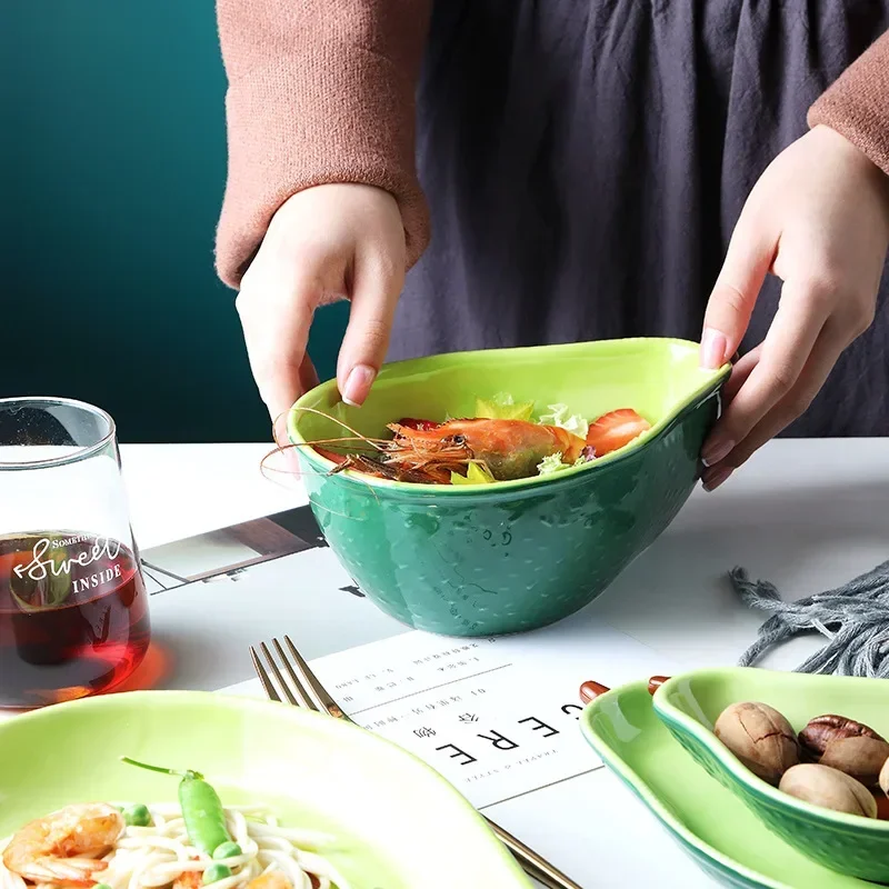 Dinnerware Sets Plate Cute Ceramic Tableware Household Dishs Snack Plate Avocado Bowl Salad Fruit Kids Training Tableware