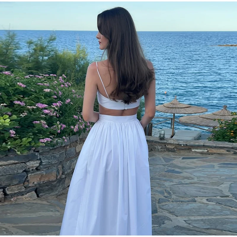 Conjunto de falda larga y camisa de tubo sexy para mujer, camisetas cortas sin mangas retro, conjuntos de faldas plisadas de cintura alta, para vacaciones en la playa