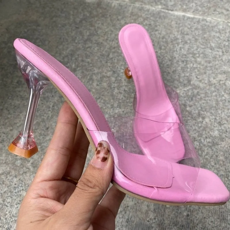 Fashion Transparent Crystal High Heel Slippers for Women Summer New High Heels Female Mules Slides Thin Heels Slippers Women