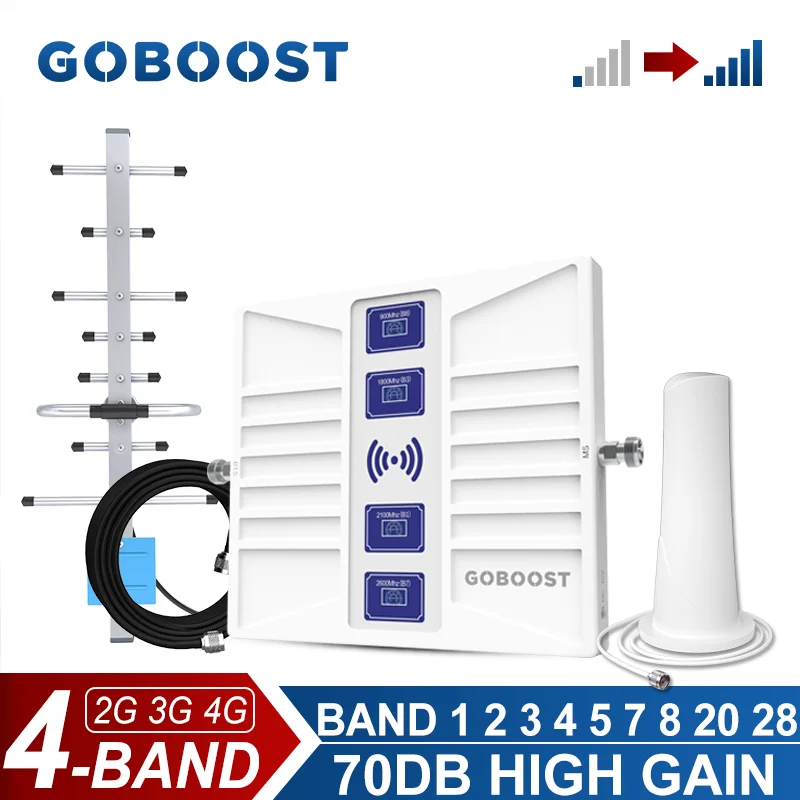 

GOBOOST 4 Band Signal Repeater 2G 3G 4G Cellular Amplifier GSM LTE 700 800 850 900 1700 1800 1900 2100 2600 Network Booster Kit