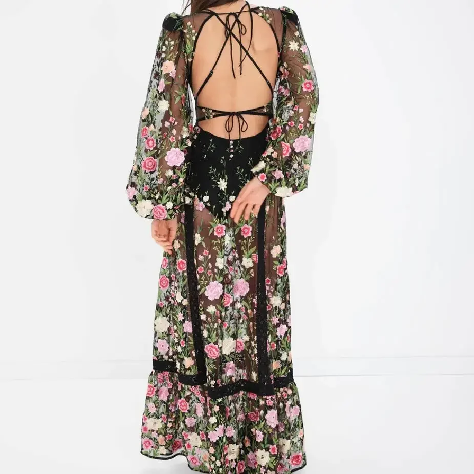 2024 Women's Sexy Holiday Bikini Cover-Ups Beach Flower Embroidery Dress Long Sleeve Dress See Through Mesh Sheer Dresses