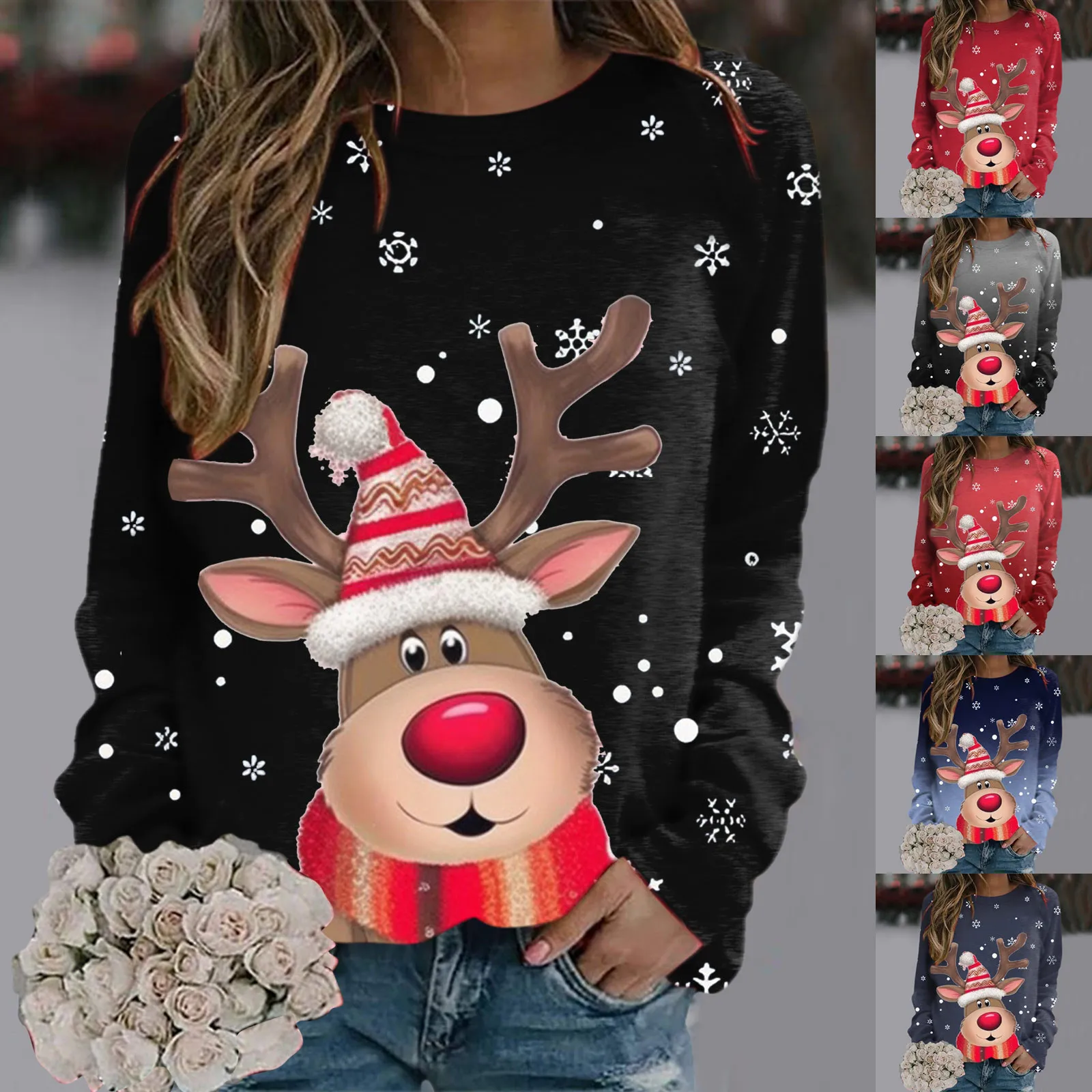 

Casual Long Sleeve Women Christmas Deer Print Round Neck Fashion Casual Winter And Autumn Pullover Loose Sweaters Sweatshirts