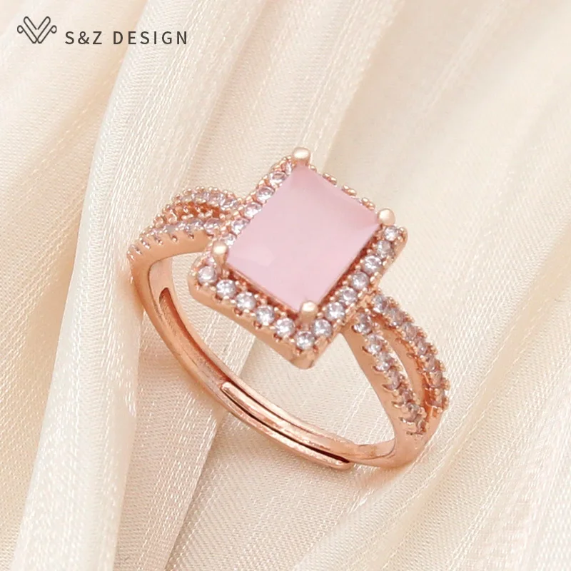 S&Z DESIGN New Trendy Rectangle Crystal Rings For Women Wedding Party Fashion 585 Rose Gold Color Cubic Zirconia Jewelry Gift