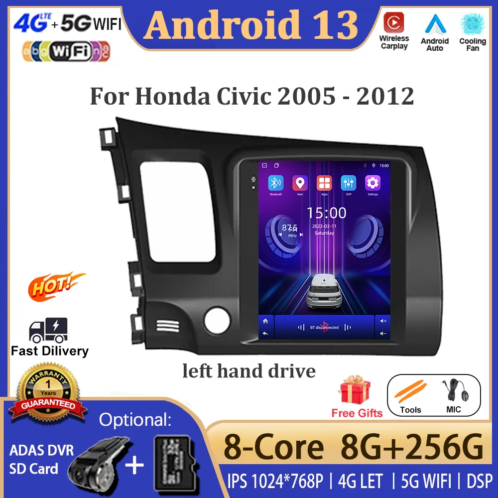 

9.7'' Android 13 For Honda Civic 2005 - 2012 LHD Video Player Navigation Multimedia Automotiva Wireless Carplay BT Tools 5G WIFI