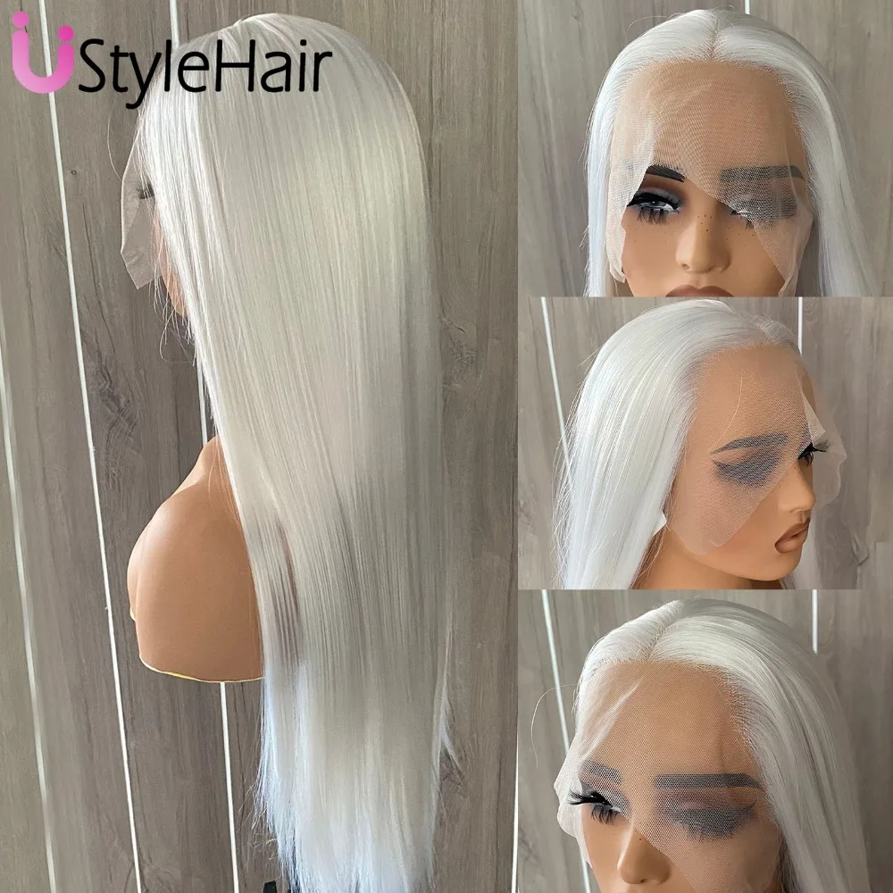 Synthetic Wig UStyleHair Ice White Wig Lace Front Synthetic Long Silky Straight Wig For Women Natural Hairline Daily Use Cosplay Platinum