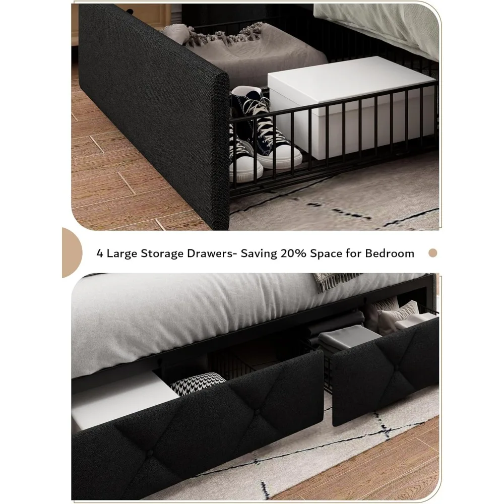 iPormis Queen Bed Frame with 4 Storage Drawers, Upholstered Platform Bed Frame with Charging Station, Modern Wingback Storage He