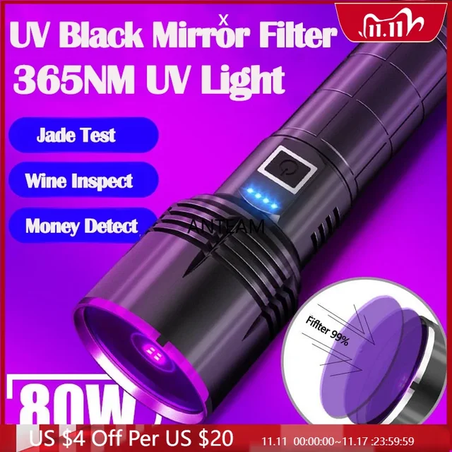 Powerful 80W 4-CORE 365NM UV Flashlight: Illuminate Your World with Precision