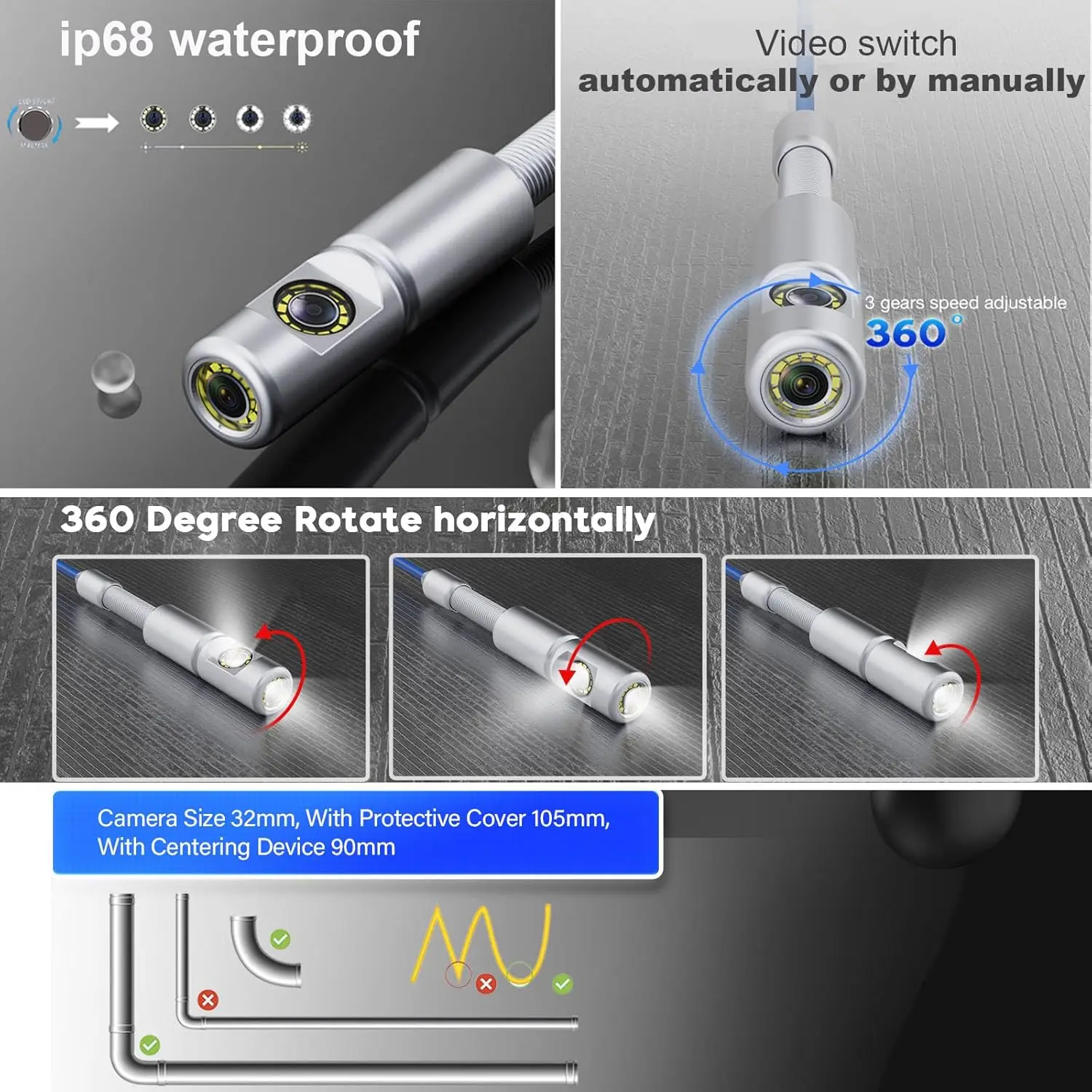 Sewer Camera 360 Degrees 50/80/100M Self-Leveling 7mm 512HZ Locator 10 Inch IPS 1080P Screen Cable Night Vision Ip68 4