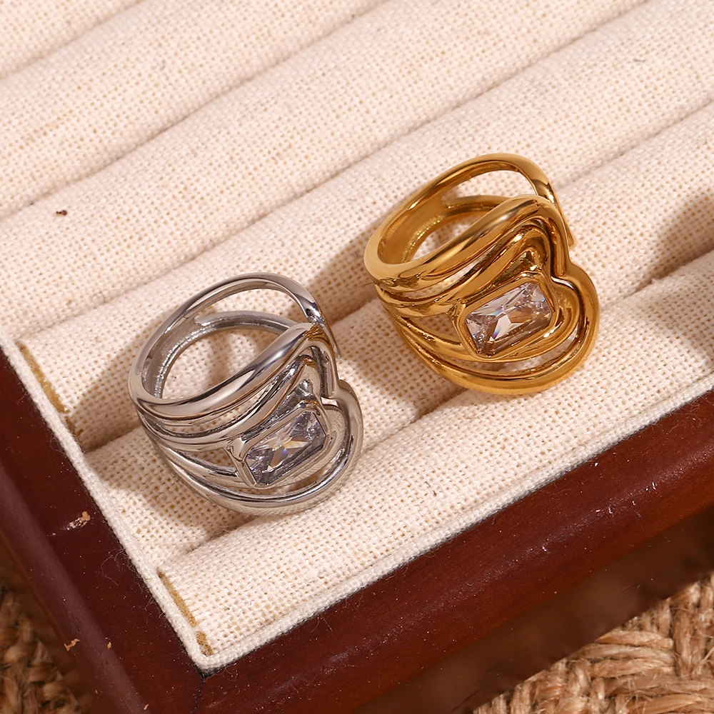 Wrapped Line Rectangular Zircon Open Ring Water Resistant 316L Stainless Steel Accessories 18K Gold Plated Jewelry