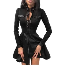 

New Spring and Autumn Women's Clothing European and American Style FashionPULeather Stitching Waist Dress Night Club Style Sexy