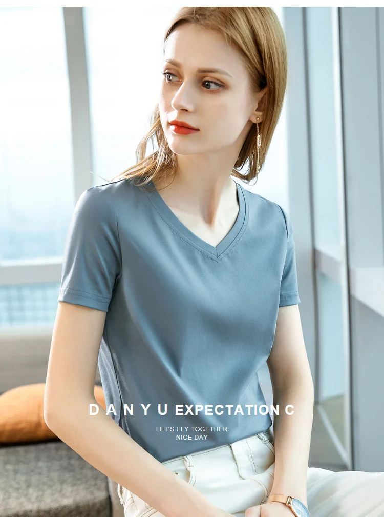 Ice Sensitive Silk Cotton V-neck Short Sleeved T-shirt for Women's Solid Round Neck Basic Commuting Elastic Oversized Top