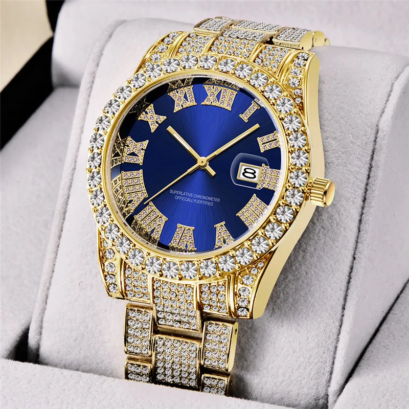 Cool Diamond Watches For Men Hip Hop Luxury Brand Fashion Alloy Band Golden Gifts Date Quartz Clock Relogio Masculino Ouro 2024