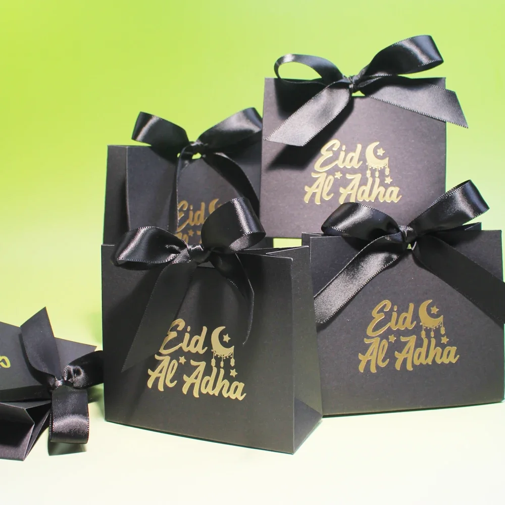 

Eid Al-Adha Mubarak Black Box - Moon Star Themed Candy Gift Box for Muslim Islamic Ramadan Kareem Holiday Party Decoration