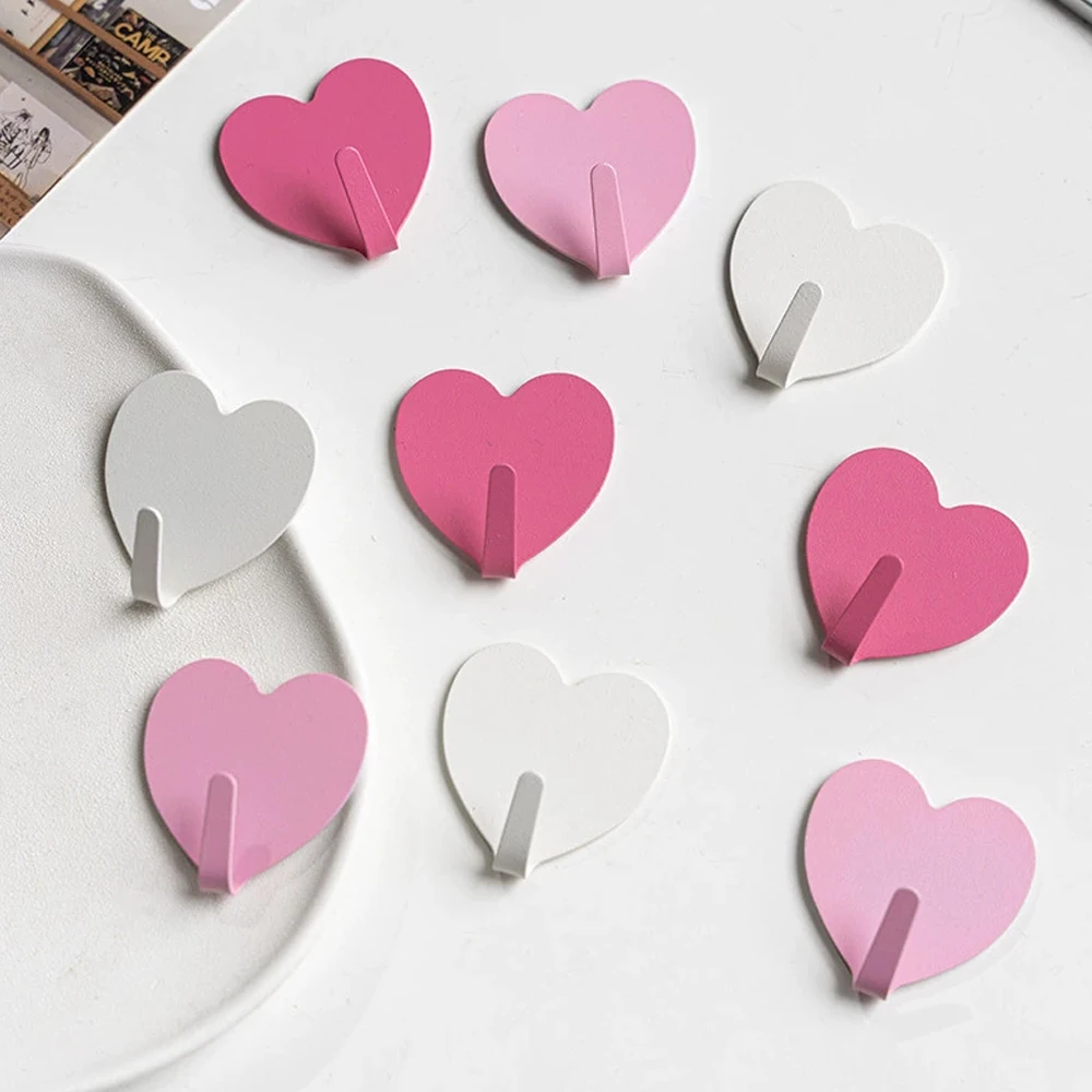 Pink Heart-Shaped Stainless Steel Adhesive Wall Hook for Keys, Clothes, and Towels