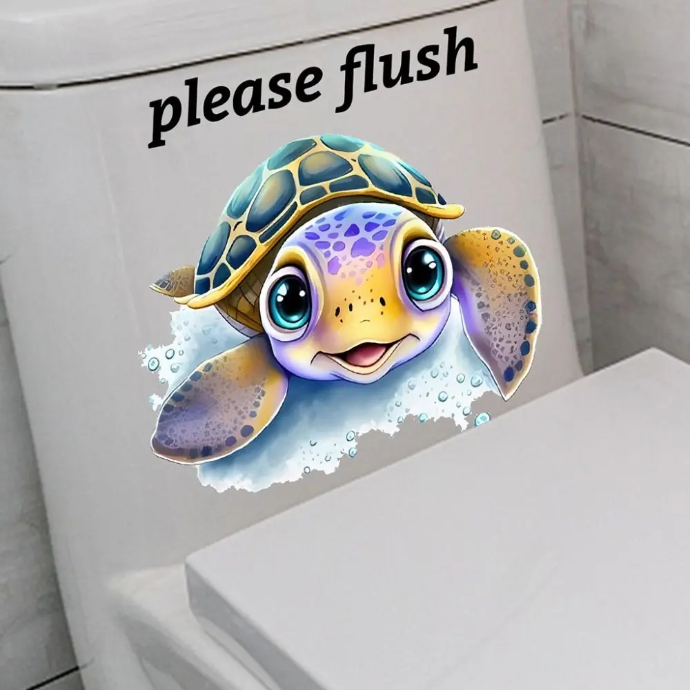 Cartoon PVC Sea Animal Toilet Sticker Washable Please Flush Toilet Sign Sticker Removable Cute Bathroom Decals Living Room