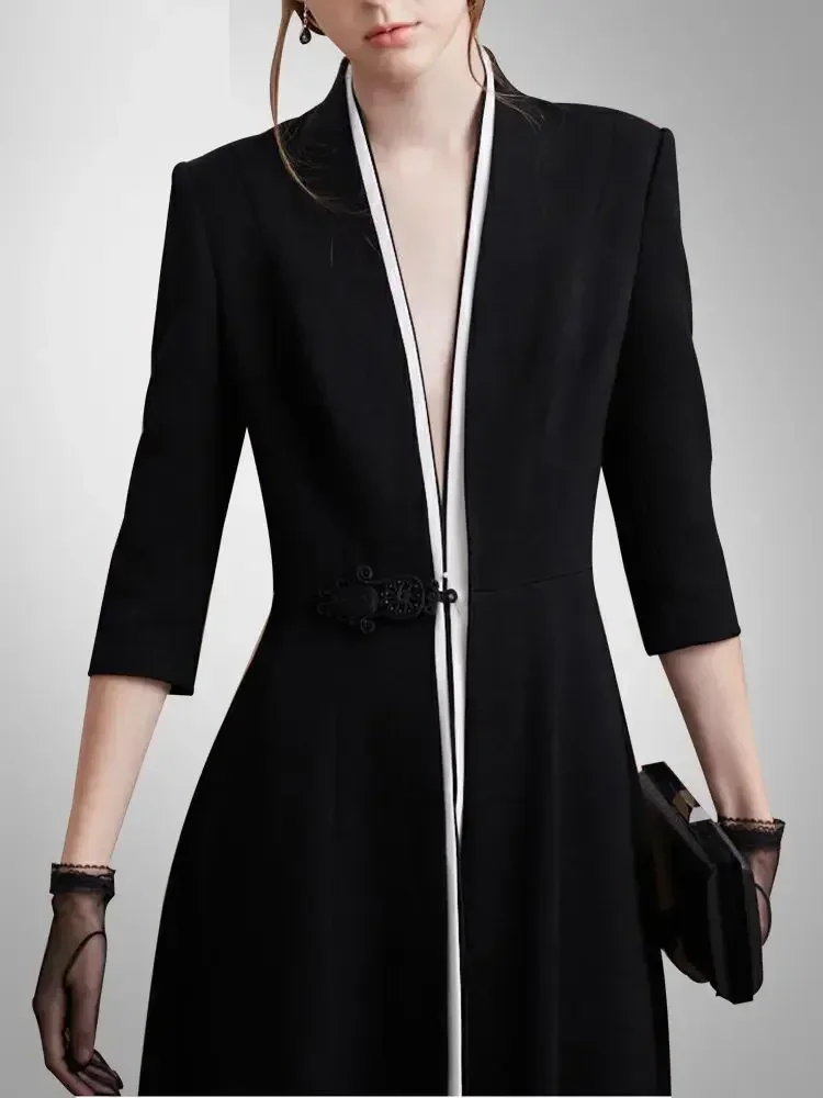 ZZ156 2024 Spring and Autumn Slim Fit Fashion V-Neck Seven-Sleeve Dress Cardigan Temperament Flare Long Dress Coat 3