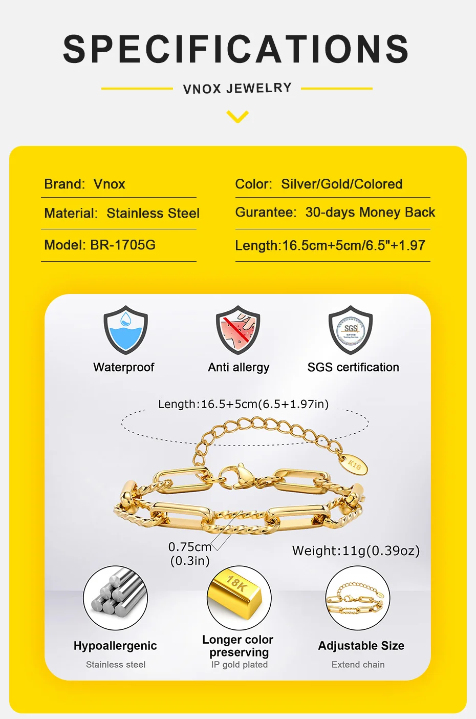 Vnox Edelstahl-Rechteck-Kettenarmband für Männer und Frauen, 7,5 mm breiter Punk-Schmuck mit ovaler K18-Platte, verstellbares trendiges Geschenk – Detail 6