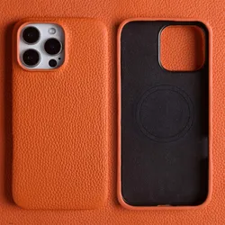 Luxury Magnetic Genuine Leather Phone Case - Business Full Wrapped Back Cover - iPhone 12 Pro Max (Orange 6308)