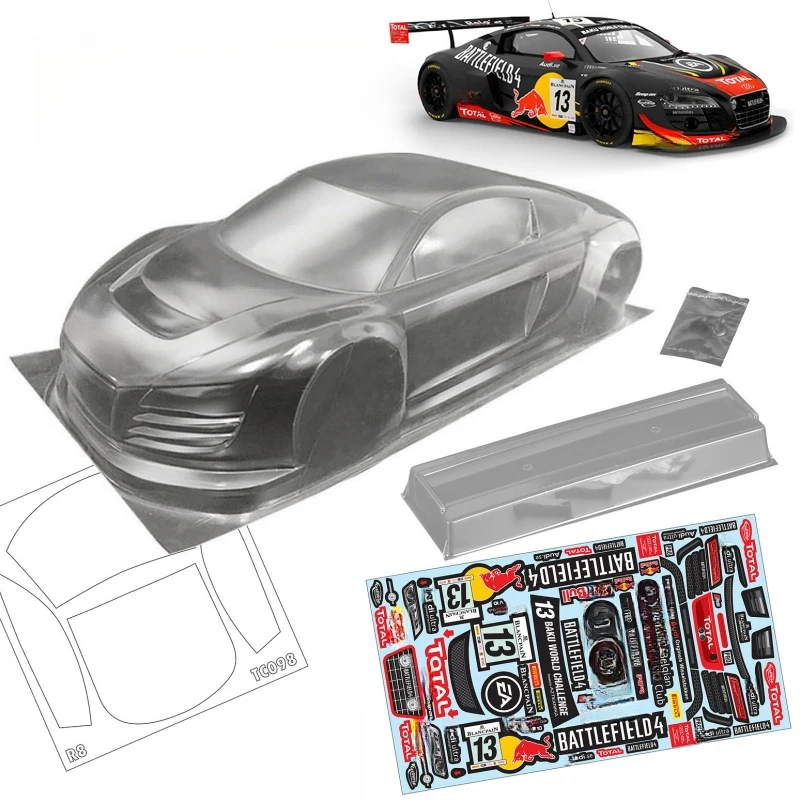 

RC Drift Body 1/10 AudiR8 Clear Lexan Car Shell W/Rear Wing and Color Stickers Decal