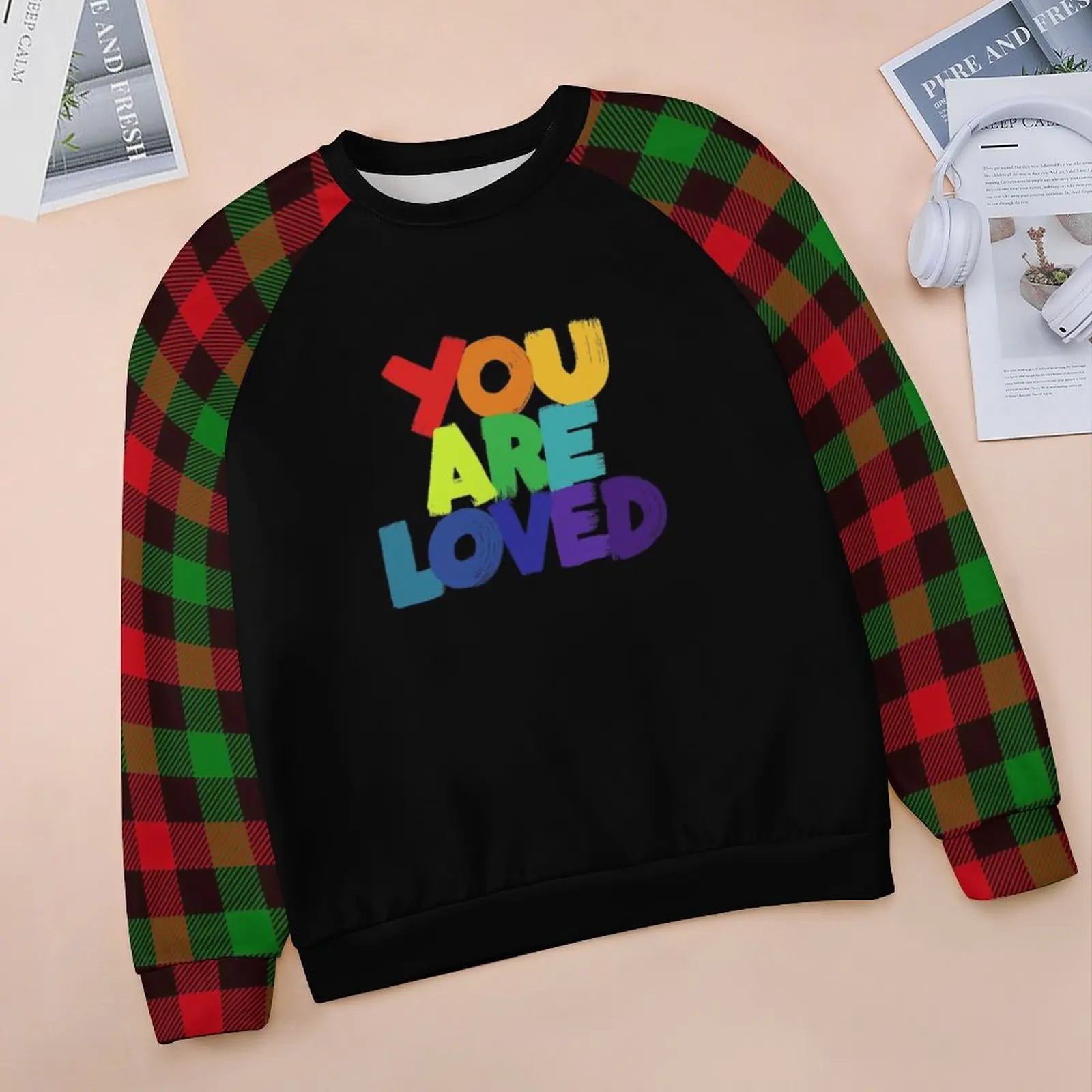 

Woman Raglan Round Neck Sweater Kawaii You Are Loved Scotland Grid Studentt-shirt