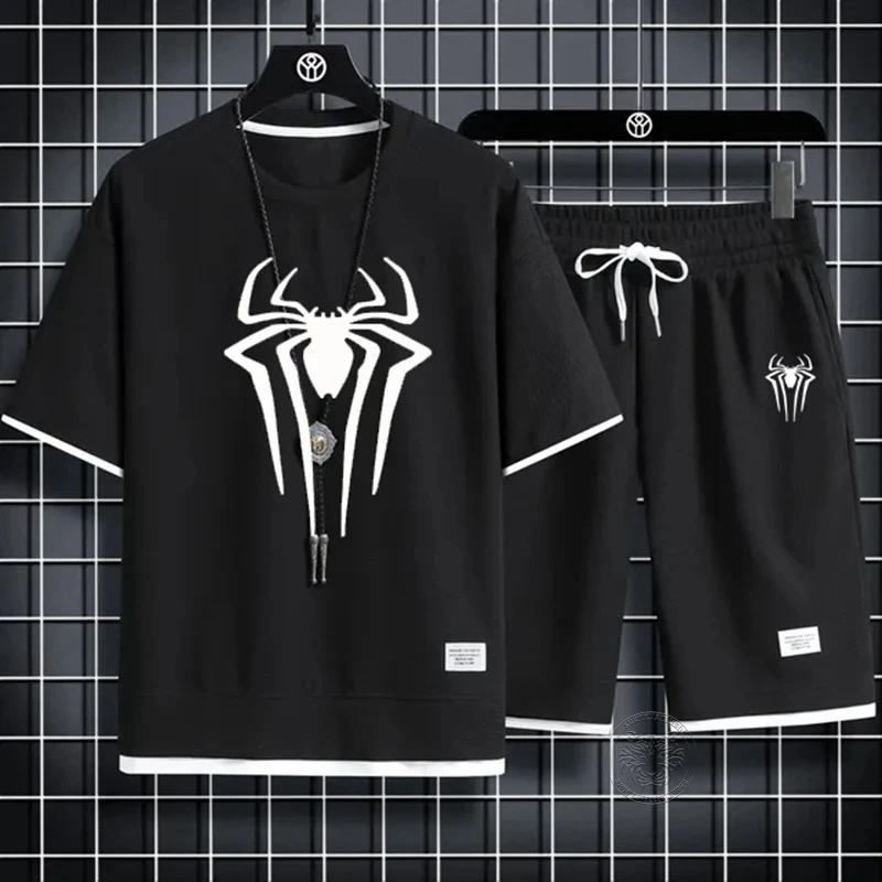 Summer Men's Spider Print T-shirt + Shorts Suit Casual Two-piece Waffle Sportswear 2024 Fashionable and Comfortable Suit M-3XL 4