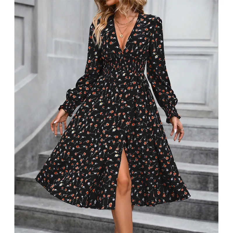 

2023 Autumn New V-neck High Waist Sexy Temperament Split Long Floral Long Sleeved Trendy Western Girl's Ear Edge Dress