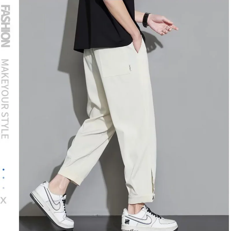 Ice Shreds Sagging Sensation Sweatpants Trousers Men's Summer New Elastic Drawstring Button Fashion Trendy Loose Harlan Pants