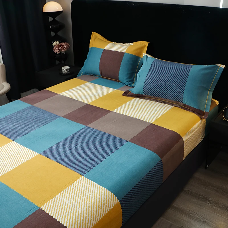 Pure Cotton Fitted Bed Sheets Geometric Bedsheet Non-slip Bed Cover Skin-friendly Bed Linen couvre lit (Pillowcase Need Order) 3