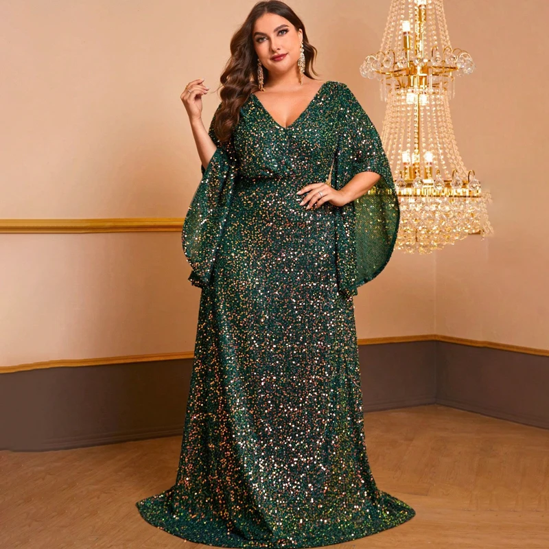 

New Arrival V Neck Shiny Long Irregular Sleeve Evening Gown 3XL Shiny Luxury White Wedding Banquet Prom Clothing Women Dress Top