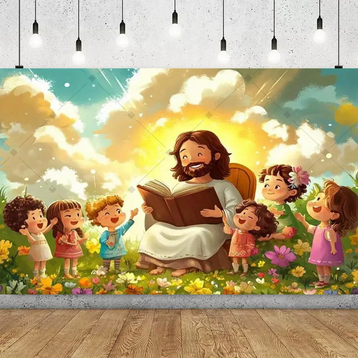 2D Frühlingsgarten Jesus und Kinder Themen-Party-Dekoration Hintergrund Outdoor Naturszene Lehrreiches Partyzubehör Deko-Banner – Detail 9