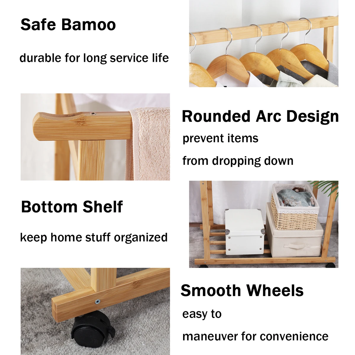 Rolling Clothes Hanging Rack with Double-Rod Wooden Garment Stand with Wheels — view 5