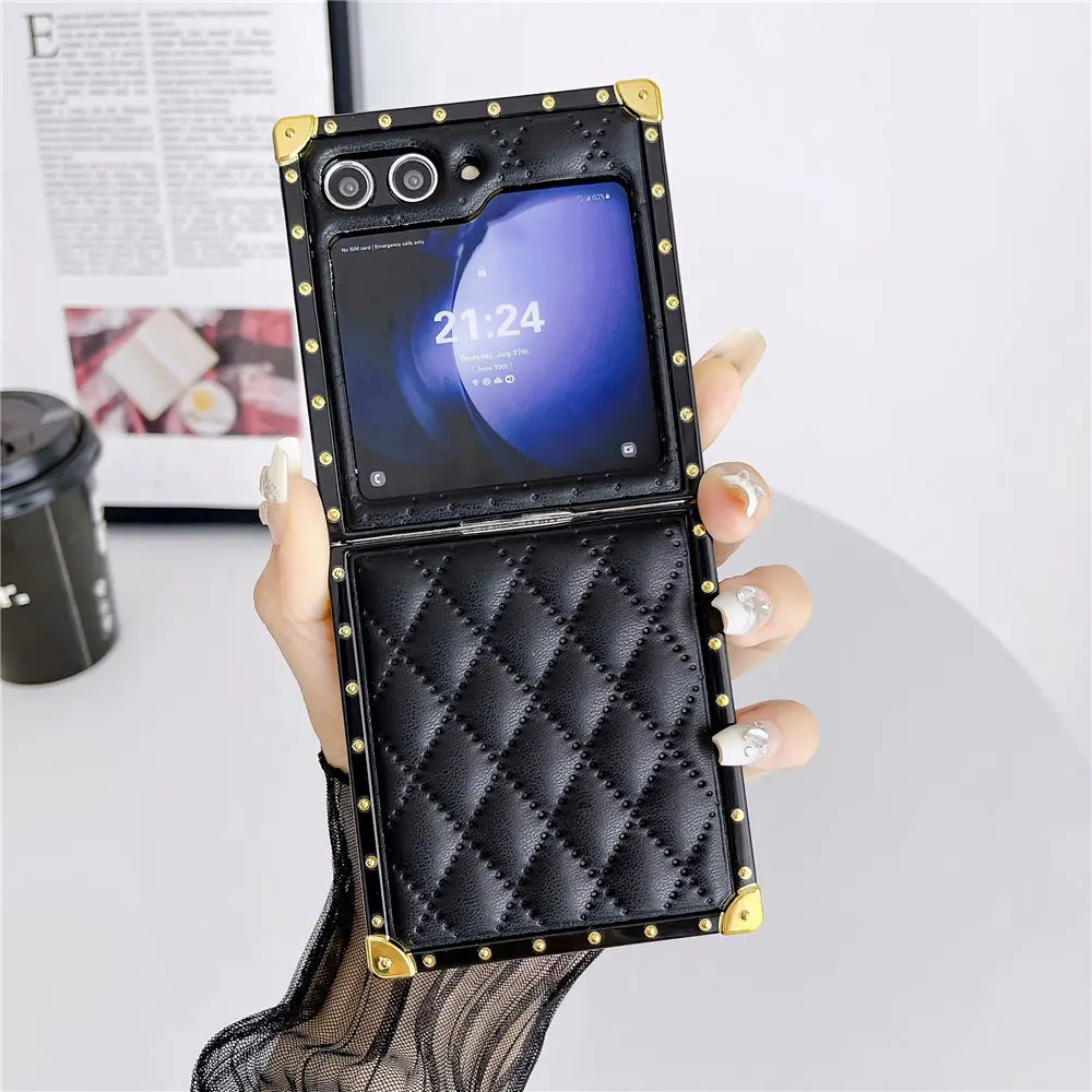 Coque de placage en cuir PU avec grille 3D, étui carré antichoc pour Samsung Galaxy Z Flip 5 Zflip 4 3_voghion.com